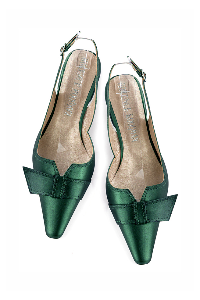 Women's emerald green slingback dress shoes, with a knot on the front. Tapered toe. Low block heels - Top view